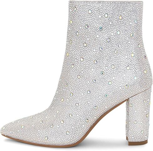Sparkly Rhinestone Boots For Women Pointed Toe Chunky High Heel Ankle Booties With Side Zipper in Saudi Arabia
