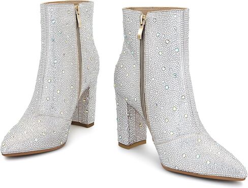 Sparkly Rhinestone Boots For Women Pointed Toe Chunky High Heel Ankle Booties With Side Zipper in Saudi Arabia