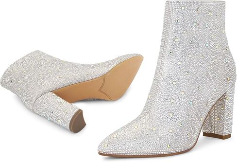 Sparkly Rhinestone Boots For Women Pointed Toe Chunky High Heel Ankle Booties With Side Zipper in Saudi Arabia