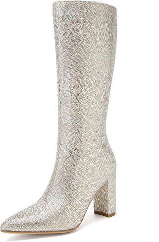 Sparkly Rhinestone Boots For Women Pointed Toe Chunky High Heel Ankle Booties With Side Zipper in Saudi Arabia