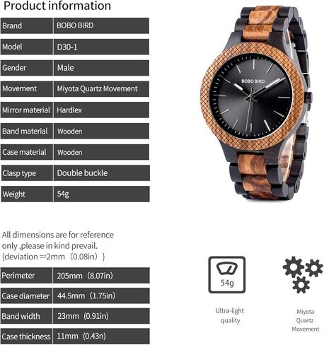 ساعة بوبو بيرد الخشبية للرجال، ساعة كوارتز كبيرة الحجم مع وجه أسود، أفضل هدية in Kuwait