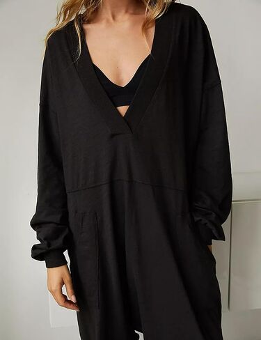 Labolliy المرأة مثير العميق الخامس الرقبة حللا الصلبة عادية كم طويل سراويلي حريمي نيسيي السروال القصير مع جيوب in Kuwait