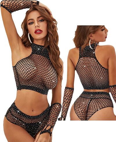 Womens Fishnet Bodystocking Sparkle Rhinestone Mesh Tights One Piece Bodysuit Sparkle Fishnet Lingerie Sexy Outfit for Women Mesh bodysuit lingerie（Black） in Saudi Arabia