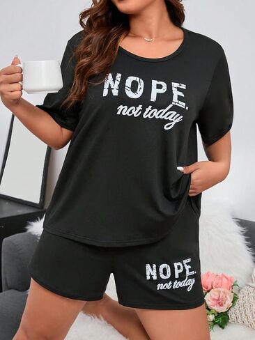 SOLY HUX Women's Plus Size Letter Graphic PJ Set Short Sleeve T Shirts and Shorts Pajama 2 Piece Sleepwear Lounge Set in Saudi Arabia