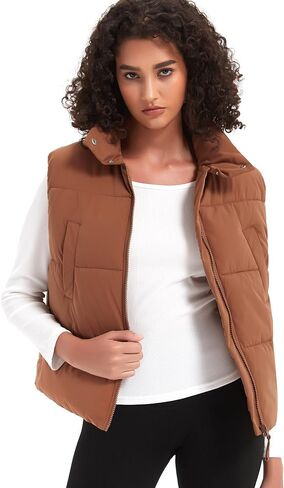 Womens Puffer Vest Crop Sleeveless Jacket Zipper Up High Collar Winter Quilted Padded Gilet With Pockets in Saudi Arabia