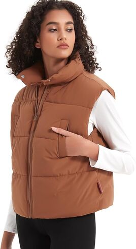 Womens Puffer Vest Crop Sleeveless Jacket Zipper Up High Collar Winter Quilted Padded Gilet With Pockets in Saudi Arabia