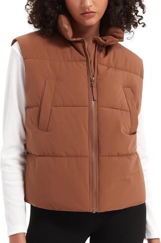 Womens Puffer Vest Crop Sleeveless Jacket Zipper Up High Collar Winter Quilted Padded Gilet With Pockets in Saudi Arabia
