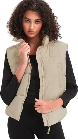 Womens Puffer Vest Crop Sleeveless Jacket Zipper Up High Collar Winter Quilted Padded Gilet With Pockets in Saudi Arabia