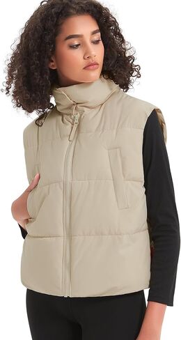 Womens Puffer Vest Crop Sleeveless Jacket Zipper Up High Collar Winter Quilted Padded Gilet With Pockets in Saudi Arabia
