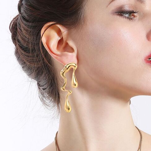 Irregular Waterdrop Earrings for Women Liquid Metal Earrings Thick Hypoallergenic Dangle Earrings Gold Statement Earrings Jewelry Gifts in Saudi Arabia