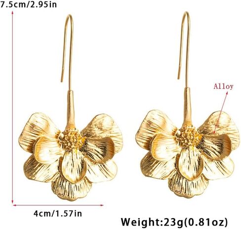Statement Gold Flower Earrings Sculptural Exaggerated Flower Floral Earrings Large Metal Flower Drop Earrings Hypoallergenic Stylish Flower Statement Earring Jewelry for Women Teen Girls in Saudi Arabia