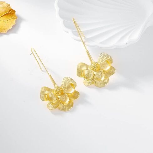 Statement Gold Flower Earrings Sculptural Exaggerated Flower Floral Earrings Large Metal Flower Drop Earrings Hypoallergenic Stylish Flower Statement Earring Jewelry for Women Teen Girls in Saudi Arabia
