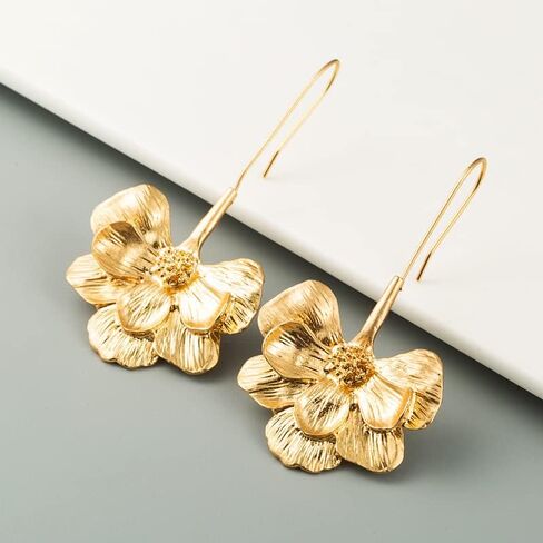 Statement Gold Flower Earrings Sculptural Exaggerated Flower Floral Earrings Large Metal Flower Drop Earrings Hypoallergenic Stylish Flower Statement Earring Jewelry for Women Teen Girls in Saudi Arabia