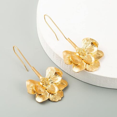 Statement Gold Flower Earrings Sculptural Exaggerated Flower Floral Earrings Large Metal Flower Drop Earrings Hypoallergenic Stylish Flower Statement Earring Jewelry for Women Teen Girls in Saudi Arabia