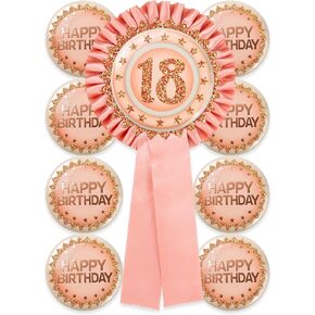Cheerland 9pcs 18th Birthday Squad Pins Rose Gold Glitter Birthday Party Pinback Badge Button Brooch Button Pin Set for 18 Years Anniversary and Girls Birthday Party Decorations Supplies