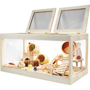 Hamster Habitat 40 Inch Wooden, Mice and Rat Habitat, Hamster Cage with Openable Mesh Top, Clear Acrylic Solid Built with Lock Design, Oak 40"