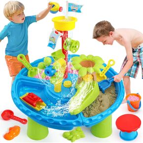 Mini Tudou 3 in 1 Sand Water Table for Toddlers 1-3,Kids Water Table Sandbox Outdoor Summer Beach Toys with Water Wheel,Bucket, Shovel 31PCS Water Table Accessories for Toddlers Kids Boys Girls