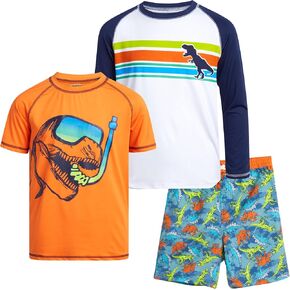 Boys' Rash Guard Set - 3 Piece Bathing Suit Trunks and Rash Guard Shirt (5-12)