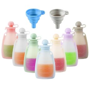 PandaEar Reusable Silicone Baby Food Pouches, 7 Pack Squeeze Pouches for Toddler Kids, BPA-Free Silicone Refillable Baby Food Storage, 5.5 oz