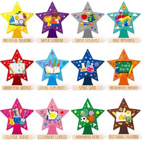 BeYumi Star Acrylic Award Trophy - 12Pcs Year Superlatives Award Trophy for Kids Student of Award Wooden Base Award Recognition Encouragement Trophy Kindergarten Gift School Classroom Party Decoration