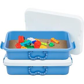 Domensi 2 Pcs Portable Sand Tray with Lid Sand Box with Handles Plastic Sandbox for Indoor Outdoor Sensory Activities, 14.96 x 9.84 x 3.35 Inch(Blue)