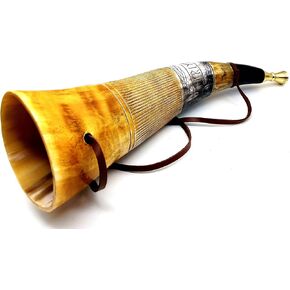 Viking War Horn Genuine Ox-Horn Battle Trumpet - Premium Hand Engraved Horn Viking Norse Cattle Ancient Horn Bugle Hunting Tool BATTLE HORN BLOWING HORN VIKING BUGLE HORN & Brass With Wooden Stand 16"