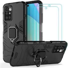 Ytaland for Xiaomi Redmi 10 Case,with 2 x Tempered Glass Screen Protector. (3 in 1) Shockproof Bumper Defender Protective Phone Cover with Ring Kickstand (Black)