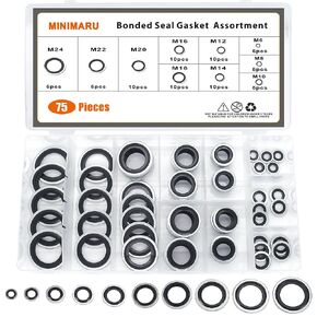 Automotive Self-Centered Bonded Seal Gasket Assortment Kit Bonded Seal Oil Washer Assortment Kit, 10 Sizes 75 PCS