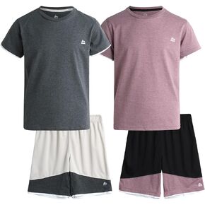 RBX Boys' Active Shorts Set - 4 Piece Performance T-Shirt and Shorts Kids Clothing Set (8-12)