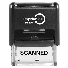 AS-IMP1110R - Scanned Stamp with by: & Date:, Red Ink, Heavy Duty Commerical Self-Inking Rubber Stamp, 9/16" x 1-1/2" Impression