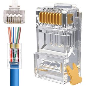 RJ45 Cat6 Cat6a تمر عبر الموصلات المطلية بالذهب 8P8C المقابس المعيارية لسلك زوج ملتوي 23AWG والكابلات القياسية (100 حزمة) in Kuwait