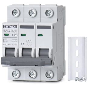 3 Pole DIN Rail Mount Circuit Breaker, 20 Amp 480V AC Miniature Circuit Breaker, Thermal Magnetic Trip AC Disconnect Switch MCB C20