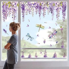 9 Sheets Spring Summer Purple Flower Window Clings Wisteria Flower Leaf Window Stickers Double-Sided Floral Glass Decals for Home School Office Shop Party Decor