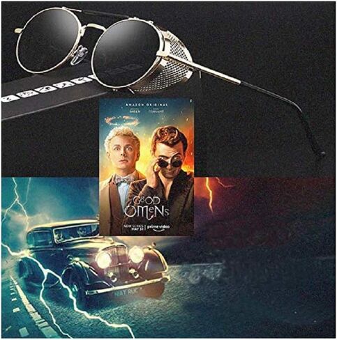نظارات Demon Crowley Good Omens نظارات شمسية دائرية معدنية ريترو للرجال إكسسوارات تنكرية باللون الأسود مقاس X-Large in Saudi Arabia