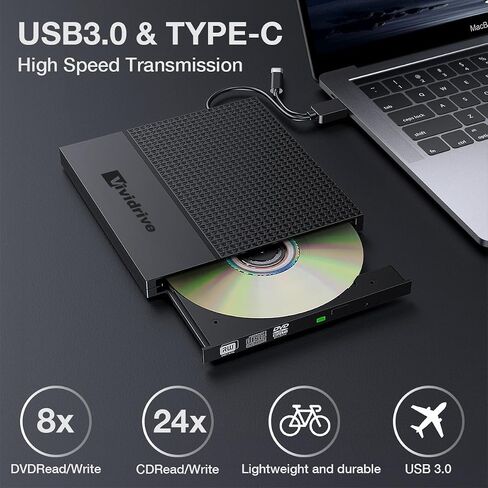 External CD/DVD Drive for Laptop,Vividrive USB 3.0 Type-C USB Portable Player for Laptop CD DVD +/-RW Disk Drive CD ROM Burner Writer CD/DVD Burner Reader Compatible with Desktop Windows Linux Apple in Saudi Arabia