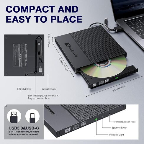 External CD/DVD Drive for Laptop,Vividrive USB 3.0 Type-C USB Portable Player for Laptop CD DVD +/-RW Disk Drive CD ROM Burner Writer CD/DVD Burner Reader Compatible with Desktop Windows Linux Apple in Saudi Arabia