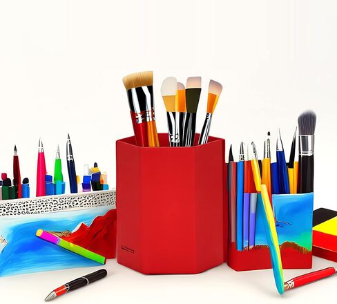 حامل أقلام HUAPRINT، حامل أقلام أبيض للمكتب، 3 عبوات منظم مكتب من الورق المقوى، كوب قلم لمكتب المنزل والمدرسة والأطفال، مربع-3.14 × 3.14 × 4 بوصة in Kuwait