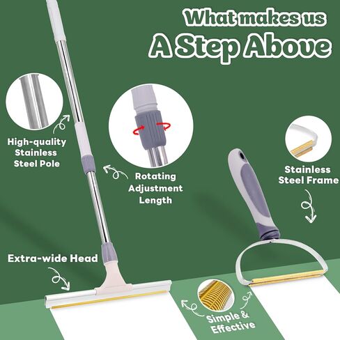 Pet Hair Remover Bundle, Reusable Carpet Rake with Telescopic Handle for Dog Hair Remover, Easy Cat Hair Remover & Durable Carpet Scraper Pet Hair Removal Broom for Couch Rugs in Kuwait