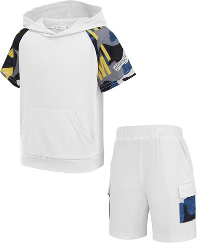 Arshiner Boys 2 Piece Summer Outfits Letter Graphic Colorblock Short Sleeve Hoodie and Short Sets whith Pockets 5-12 Years in Saudi Arabia
