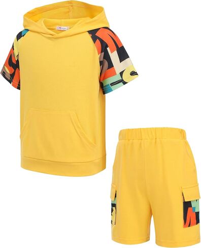 Arshiner Boys 2 Piece Summer Outfits Letter Graphic Colorblock Short Sleeve Hoodie and Short Sets whith Pockets 5-12 Years in Kuwait