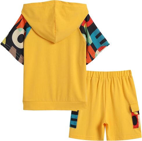 Arshiner Boys 2 Piece Summer Outfits Letter Graphic Colorblock Short Sleeve Hoodie and Short Sets whith Pockets 5-12 Years in Kuwait
