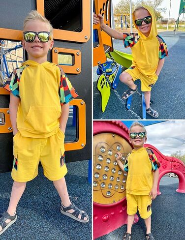 Arshiner Boys 2 Piece Summer Outfits Letter Graphic Colorblock Short Sleeve Hoodie and Short Sets whith Pockets 5-12 Years in Kuwait