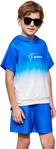 Arshiner Boys 2 Piece Summer Outfits Letter Graphic Colorblock Short Sleeve Hoodie and Short Sets whith Pockets 5-12 Years in Saudi Arabia