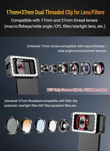 عدسة ماكرو للهاتف APEXEL 15X للهاتف، عدسة ماكرو للهاتف 15X مع ضوء تعبئة LED + محول عدسة خيط 17 مم لهاتف iPhone 15/15Pro/15Pro Max وSamsung وAndroid (يناسب الهاتف تقريبًا) in Kuwait