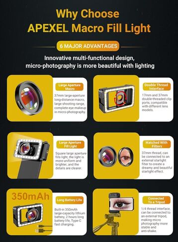 عدسة ماكرو للهاتف APEXEL 15X للهاتف، عدسة ماكرو للهاتف 15X مع ضوء تعبئة LED + محول عدسة خيط 17 مم لهاتف iPhone 15/15Pro/15Pro Max وSamsung وAndroid (يناسب الهاتف تقريبًا) in Kuwait