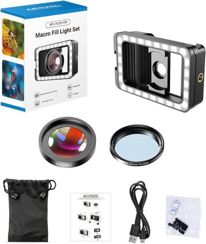 عدسة ماكرو للهاتف APEXEL 15X للهاتف، عدسة ماكرو للهاتف 15X مع ضوء تعبئة LED + محول عدسة خيط 17 مم لهاتف iPhone 15/15Pro/15Pro Max وSamsung وAndroid (يناسب الهاتف تقريبًا) in Kuwait