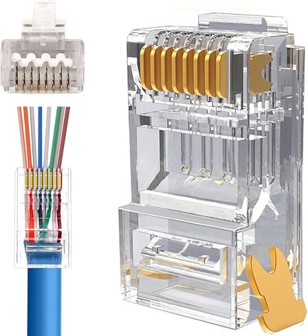 RJ45 Cat6 Cat6a تمر عبر الموصلات المطلية بالذهب 8P8C المقابس المعيارية لسلك زوج ملتوي 23AWG والكابلات القياسية (100 حزمة) in Kuwait