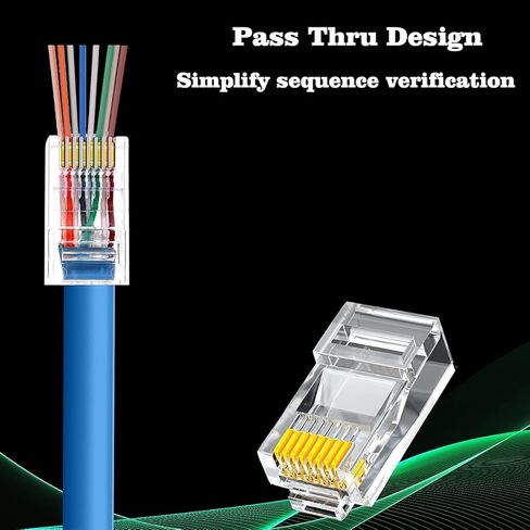 RJ45 Cat6 Cat6a تمر عبر الموصلات المطلية بالذهب 8P8C المقابس المعيارية لسلك زوج ملتوي 23AWG والكابلات القياسية (100 حزمة) in Kuwait