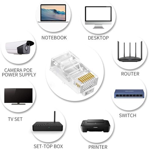 RJ45 Cat6 Cat6a تمر عبر الموصلات المطلية بالذهب 8P8C المقابس المعيارية لسلك زوج ملتوي 23AWG والكابلات القياسية (100 حزمة) in Kuwait