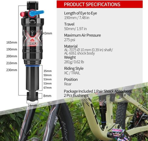 AO-8RC DNM Mtb صدمة خلفية للدراجة الجبلية مع قفل للخارج - ضغط هواء قابل للتعديل - تعديل التخميد (190 × 50 مم (7.48 بوصة × 1.97 بوصة)) in Kuwait